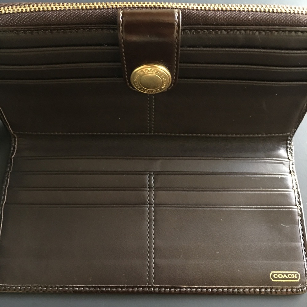 Coach Wallet Monogram Fabric Leather Jacquard Brown Zip Button Women's 12 Slots - Picture 11 of 12